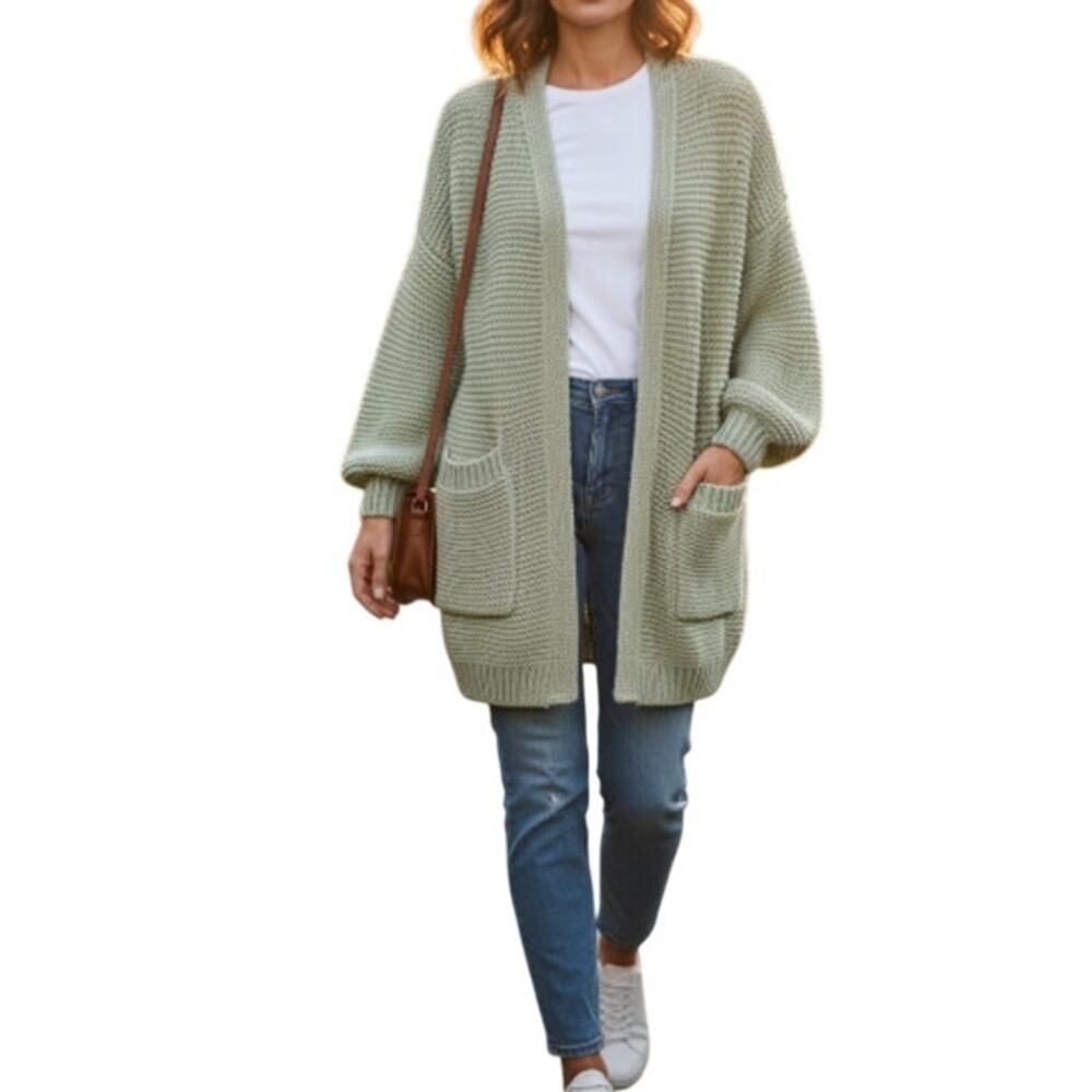 POL Oversized Chunky Open Cardigan Sage Green Lantern Sleeve Sweater  size Small